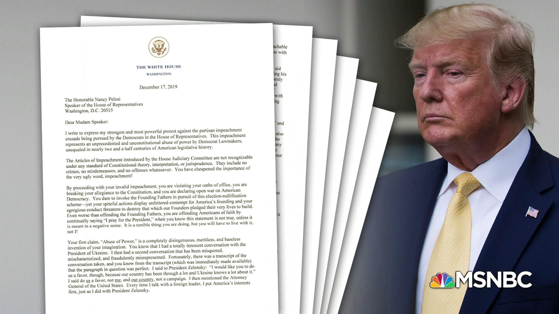 Trump rails against impeachment in six page letter ahead of full